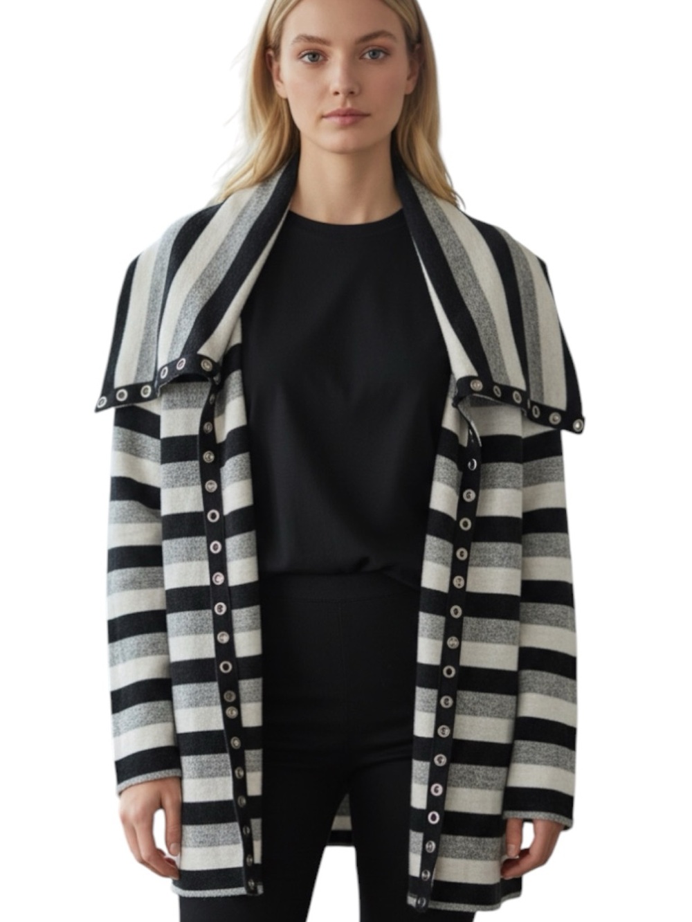 BAR by Melis Kozan Cardigan Striped Open Front Shawl Collar Grommet Accents M